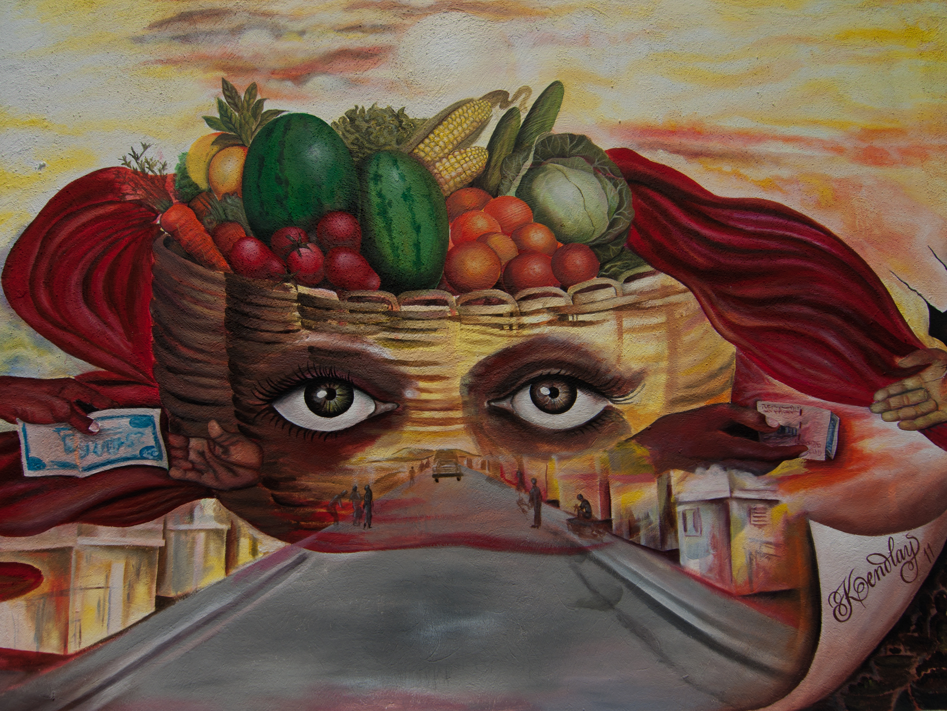 Vibrant Haitian art market with colorful paintings